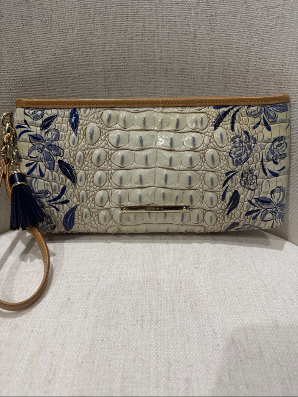 Brahmin Cream Wristlet Clutch with Blue Floral Accents